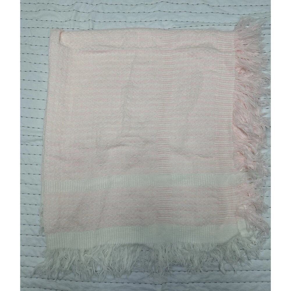 Bebe By Cradlecraft Baby Blanket Pink Fringe Spain Plaid Striped Acrylic Vintage